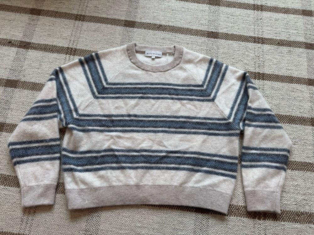 White + Warren Cashmere Crew Sweater Stripe XS Tan Blue Loose Fit